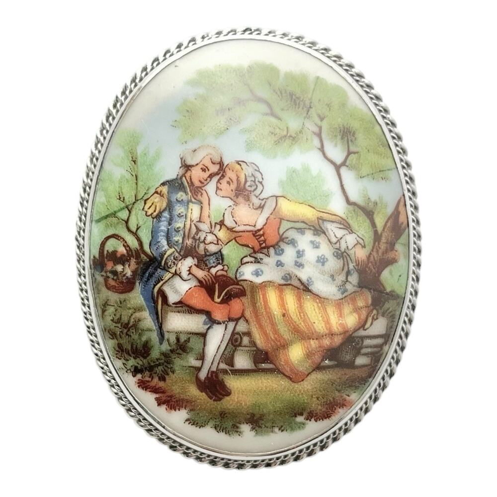 925 Silver Porcelain Large Pendant Brooch 55mm Fragonard Rocco Courting Couple